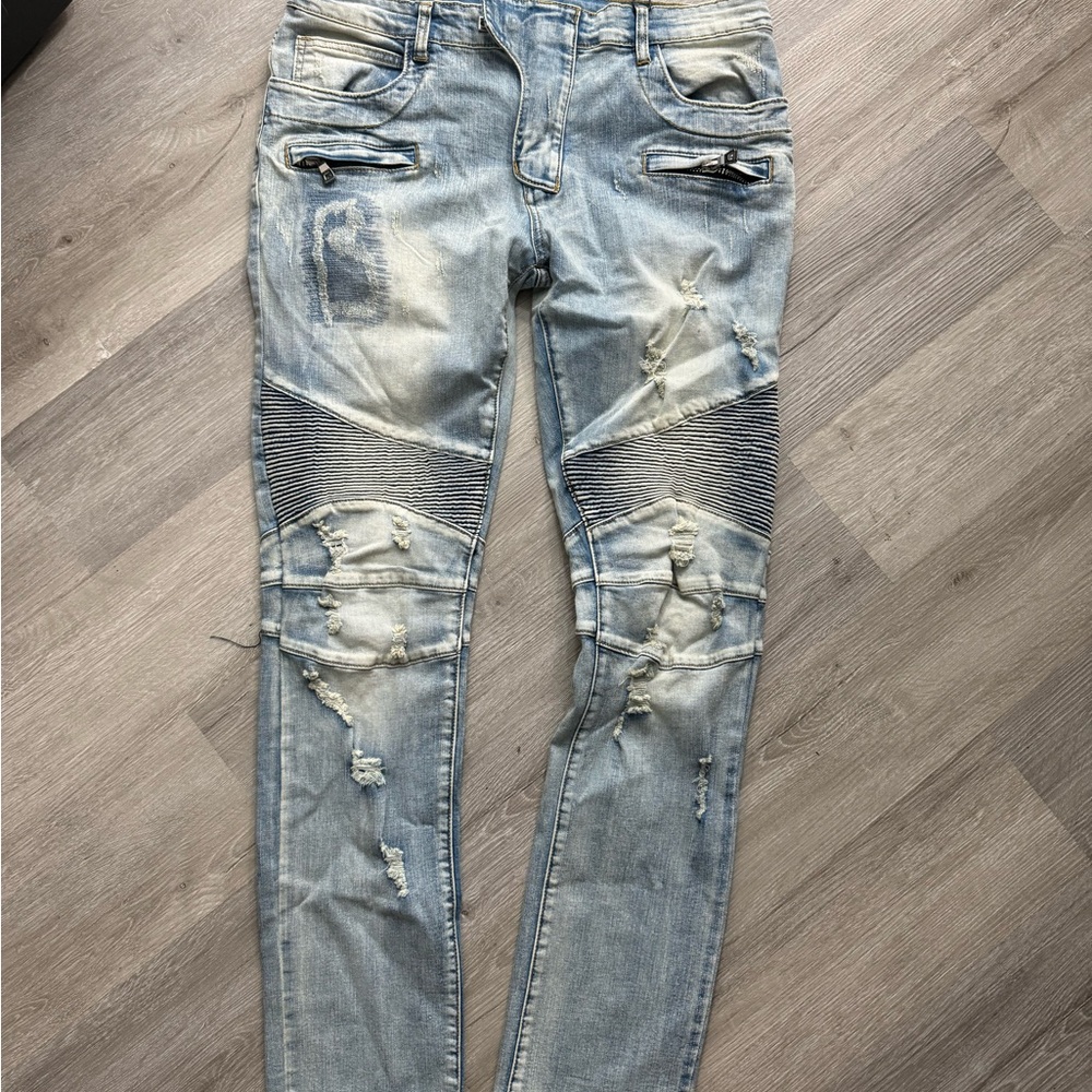 Balmain Men's Skinny Biker Jeans Men's Light Blue Jeans Size 36 - Picture 6 of 16